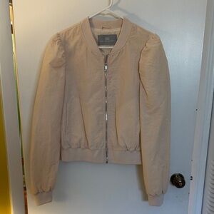 Nylon Ballet Pink Puff-Sleeved Bomber Jacket